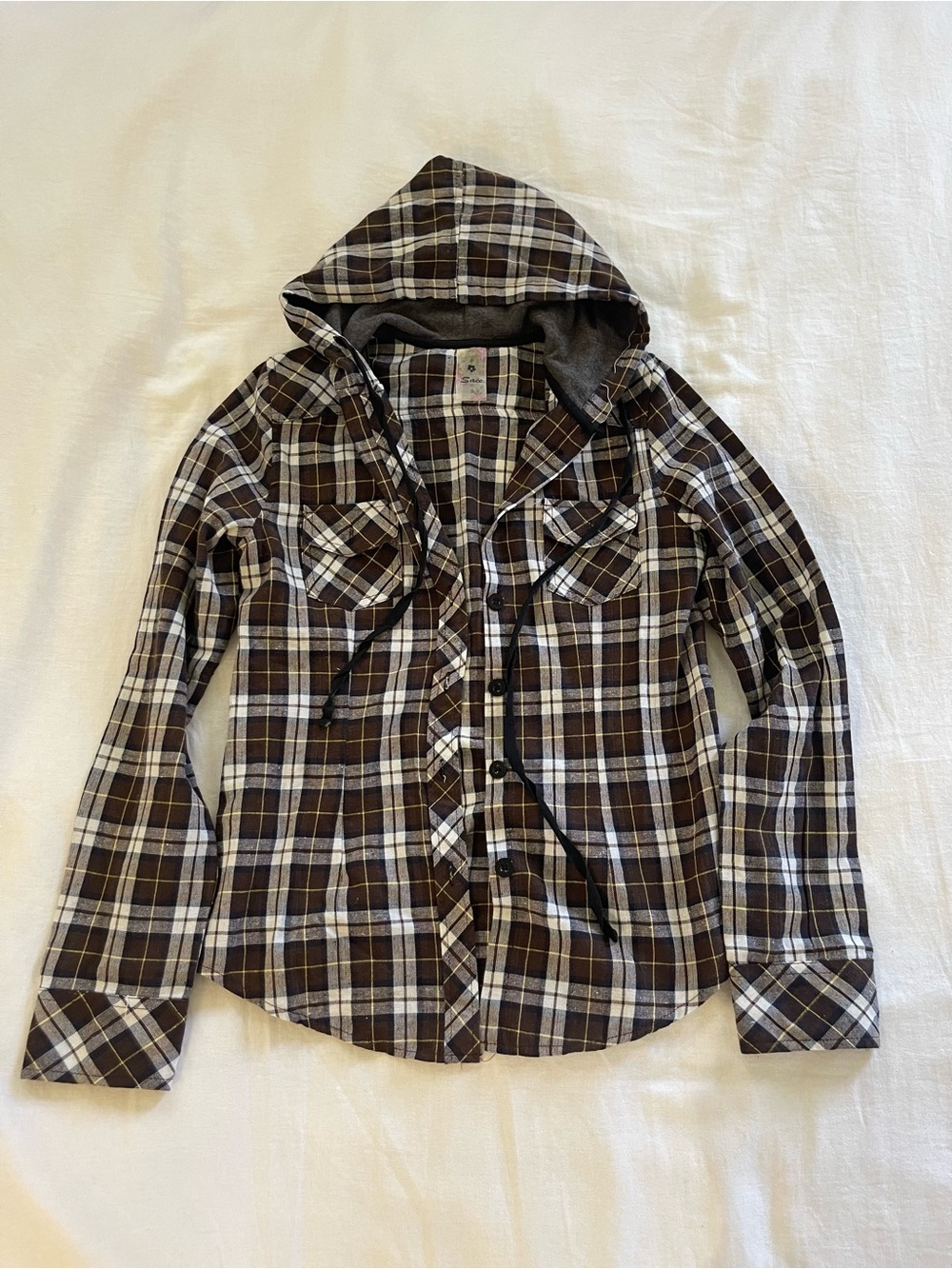 Flannel plaid hooded lightweight button down top